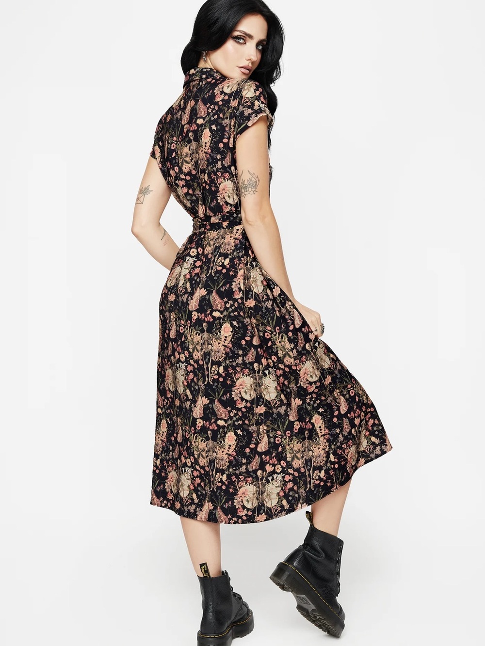 NWT Disturbia Goth Pixie Skeleton Floral Tie-Waist Midi Shirt Dress US12 - Picture 2 of 12